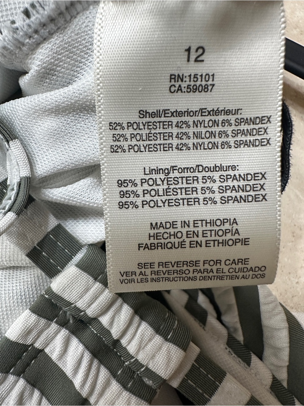 Ellen Tracy Swimsuit Olive Green White Striped Ruffle V Neck One-Piece Size 12 - Picture 6 of 8
